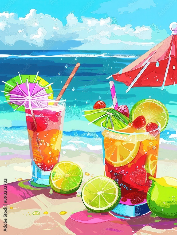 Poster two colorful cocktails with fruit garnishes and umbrellas sit on a beach with an ocean and sky backd
