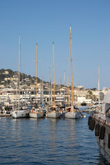Yachts and pleasure boats in Cannes harbour in the south of France on the French Riviera with the town of Cannes in the background