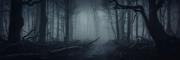 Mysterious Eerie Forest under the Menacing Overcast Sky - A Scene from the Nightmare or Fairy Tales