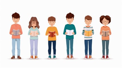 Obraz premium Four young girls are sitting in a row, each holding a tablet or e-reader