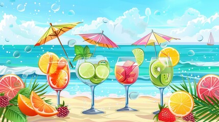 Obraz premium Four colorful cocktails, garnished with fruit and umbrellas, are displayed on a sandy beach with an ocean backdrop. Generative AI