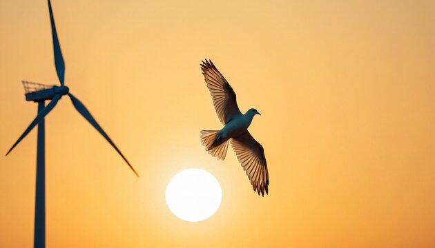 A dove bird with fully extended wings flies near a wind turbine during a sunset