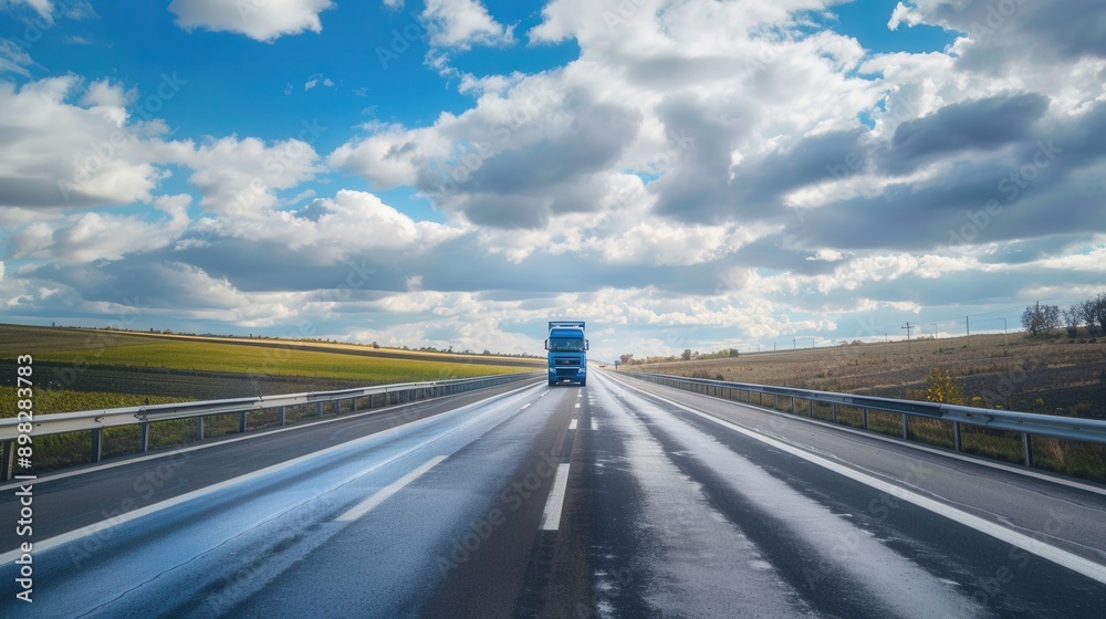 Aufkleber a blue semi-truck drives down a highway with a wide open horizon and blue sky with fluffy white clou
