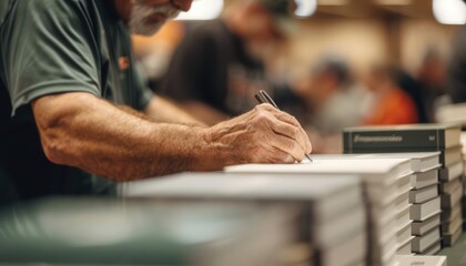 Close-up of an author signing books at a book signing event.