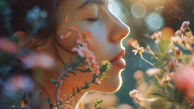 A person inhaling the fresh scent of flowers in a blooming garden, peaceful and serene