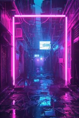 Cyberpunk Neon Frame. A frame of neon lights, wires, and digital patterns, with a gritty urban feel. The center is a blank, dark alleyway