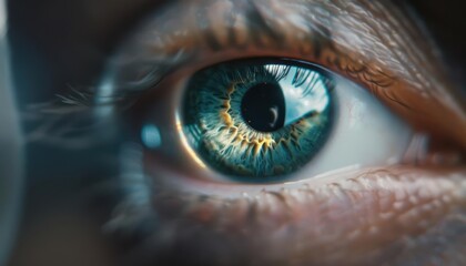 Fototapeta premium Close-up of a blue eye with intricate details and a captivating gaze.