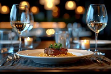 A Romantic Dinner Setting with Steak, Pasta, and Wine Glasses