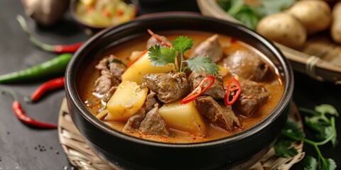 A warm and comforting bowl of beef stew served with tender potatoes, great for a cozy meal or family gathering