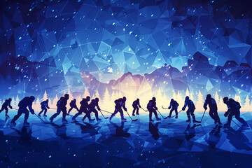 Obraz premium Silhouetted Hockey Players Skating on a Frozen Lake Under a Starry Sky