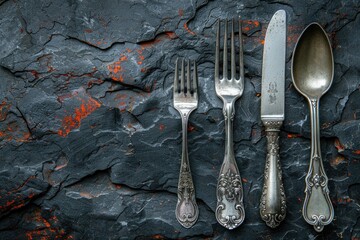 Antique Silverware Set on a Black Slate Background