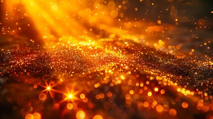 Naklejka premium A luxurious, abstract background featuring a glittering golden bokeh effect with sparkling lights, perfect for festive and celebratory events, promotional materials, and artistic designs,