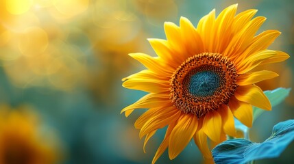 Fototapeta premium yellow petals, blue center; backdrop subtly blurred