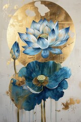 A blue lotus flower blooms, and an ancient gold moon, creating an oil painting style. The background is light gray and white. Gold foil accents 