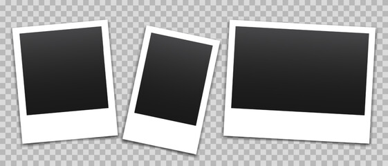 Vector empty photo frames with shadow isolated on transparent background. Template mockup photo design.