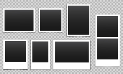 Vector empty photo frames with shadow isolated on transparent background. Template mockup photo design.