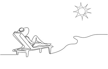 Woman relaxing on a beach lounge chair in continuous line art drawing style. Wellness and relax time. Happy summer vacation. Black linear sketch isolated on white background. Pro Vector.