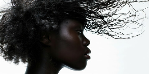 Fototapeta premium Minimalist Mane: A model's striking hair cascades down, framing her face against a crisp white background.