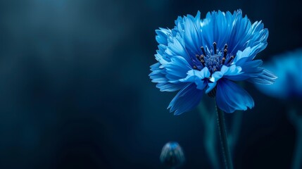  A blue flower, focus tight, against a dark backdrop Blurred depth reveals its center