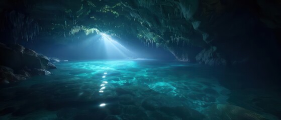 A ray of light illuminates the turquoise water inside a dark cave.