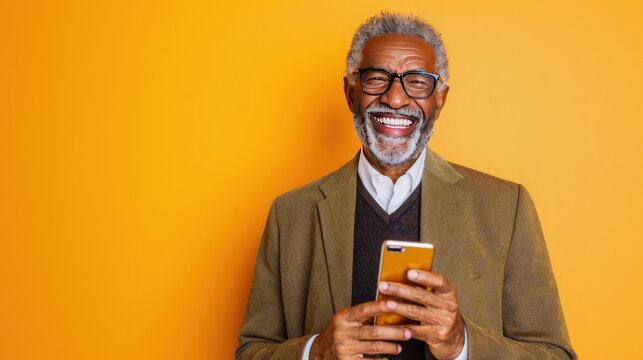 Smiling Senior Man Using Smartphone Against Yellow Background