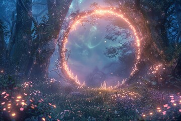 Obraz premium Ethereal Fairy Circle. A frame made of glowing, intertwined fairy rings and delicate, magical creatures. The center is a blank, enchanted meadow under a twilight sky.