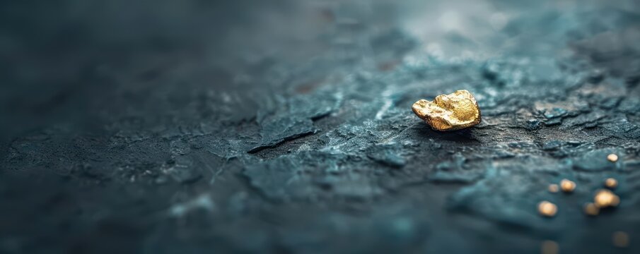 Close-up of a single gold nugget on a dark blue textured surface.