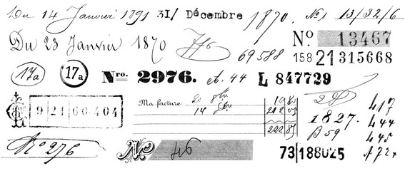 large collection of handwritten, stamped and typed numbers and dates isolated over a transparent background, vintage and antique French design elements for journaling, scrapbooking and digital collage