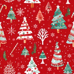 Seamless illustration of Christmas trees and other Christmas decorations - on a red background