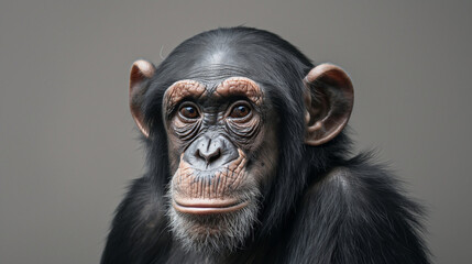 Portrait of a chimpanzee primate with expressive eyes and intricate facial features against a smooth gray background, highlighting its intelligence and depth
