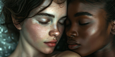 Obraz premium Gentle Embrace: Two women hold each other tenderly, their eyes locked in a quiet moment of connection.