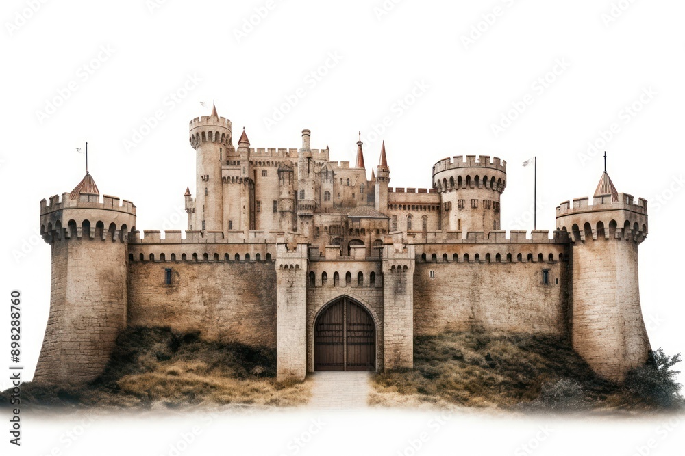 Sticker medieval castle architecture building white background.