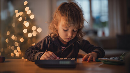 An adorable child pressing buttons on a calculator while sitting at a wooden table in a cozy home setting