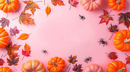 Orange pumpkins and autumn leaves with black spiders on a pink background, with space for text