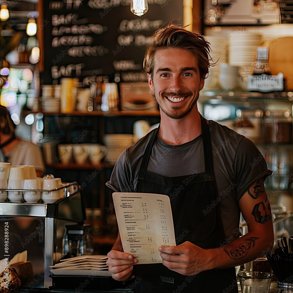Poster a coffee bar owner holding a menu and smiling at the camera in their cafe.