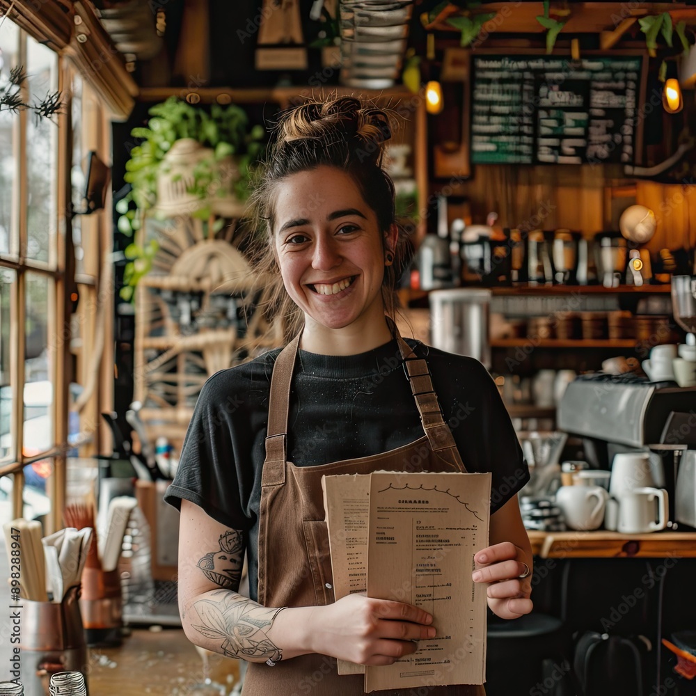 Poster a coffee bar owner holding a menu and smiling at the camera in their cafe.