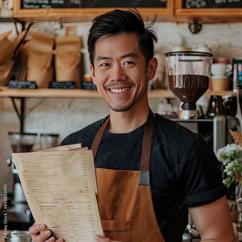 Poster a coffee bar owner holding a menu and smiling at the camera in their cafe.