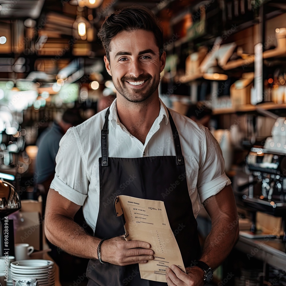 Poster a coffee bar owner holding a menu and smiling at the camera in their cafe.