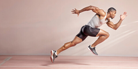 A close-up of an athlete sprinting on a track, showcasing muscular strength and determination. The dynamic pose captures the intensity of the sprint