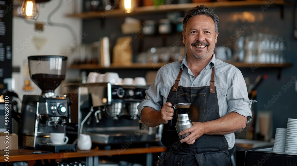 Poster a coffee bar owner smiling while holding a portafilter in their cafe.
