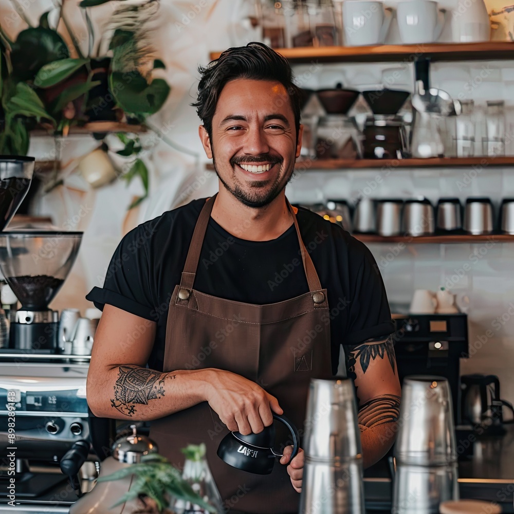 Poster a coffee bar owner smiling while holding a portafilter in their cafe.