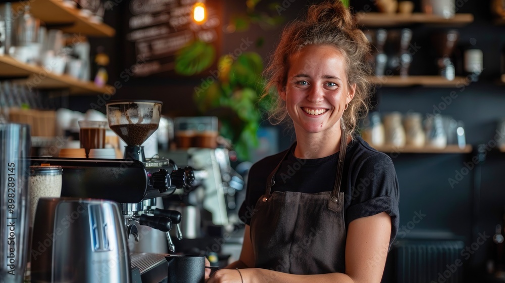 Poster a coffee bar owner smiling while holding a portafilter in their cafe.
