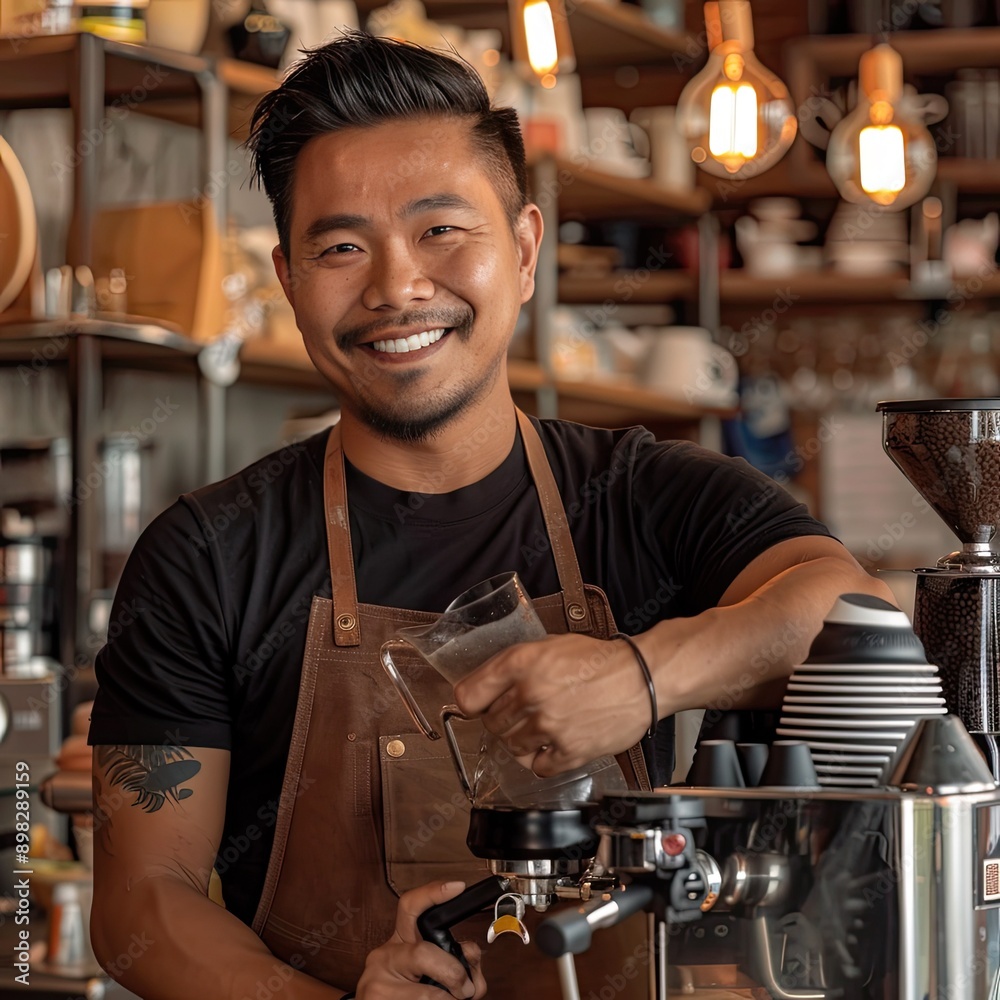 Poster a coffee bar owner smiling while holding a portafilter in their