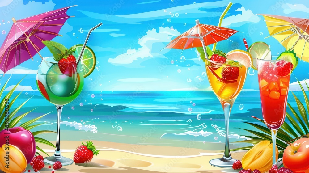 Poster three colorful cocktails garnished with fruit and small umbrellas sit on a sandy beach with an ocean