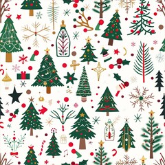 Seamless illustration of Christmas trees and other Christmas decorations useful on its own or as a tile to create a background