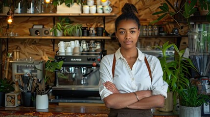 A coffee bar owner with their arms crossed, standing confidently in front of their cafe