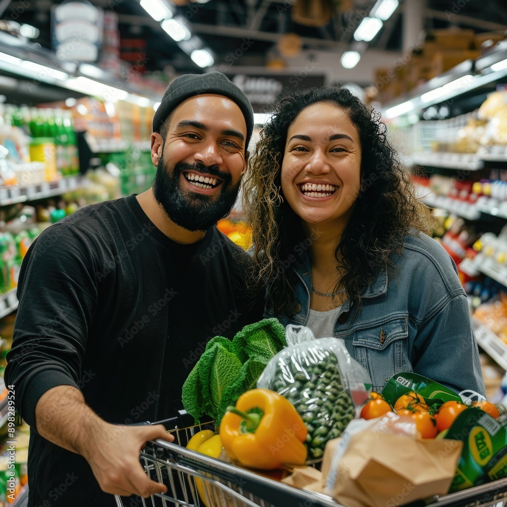 Poster a couple laughing and smiling at the camera, standing by their shopping cart packed with groceries i