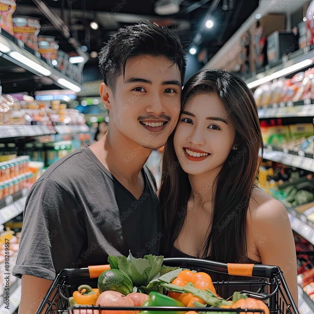 Poster a couple with beaming smiles, posing next to their grocery-filled shopping cart in a supermarket and