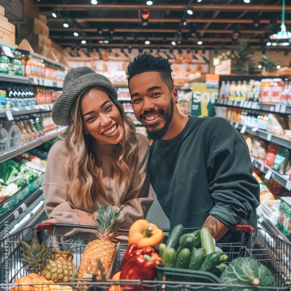 Poster a couple with beaming smiles, posing next to their grocery-filled shopping cart in a supermarket and