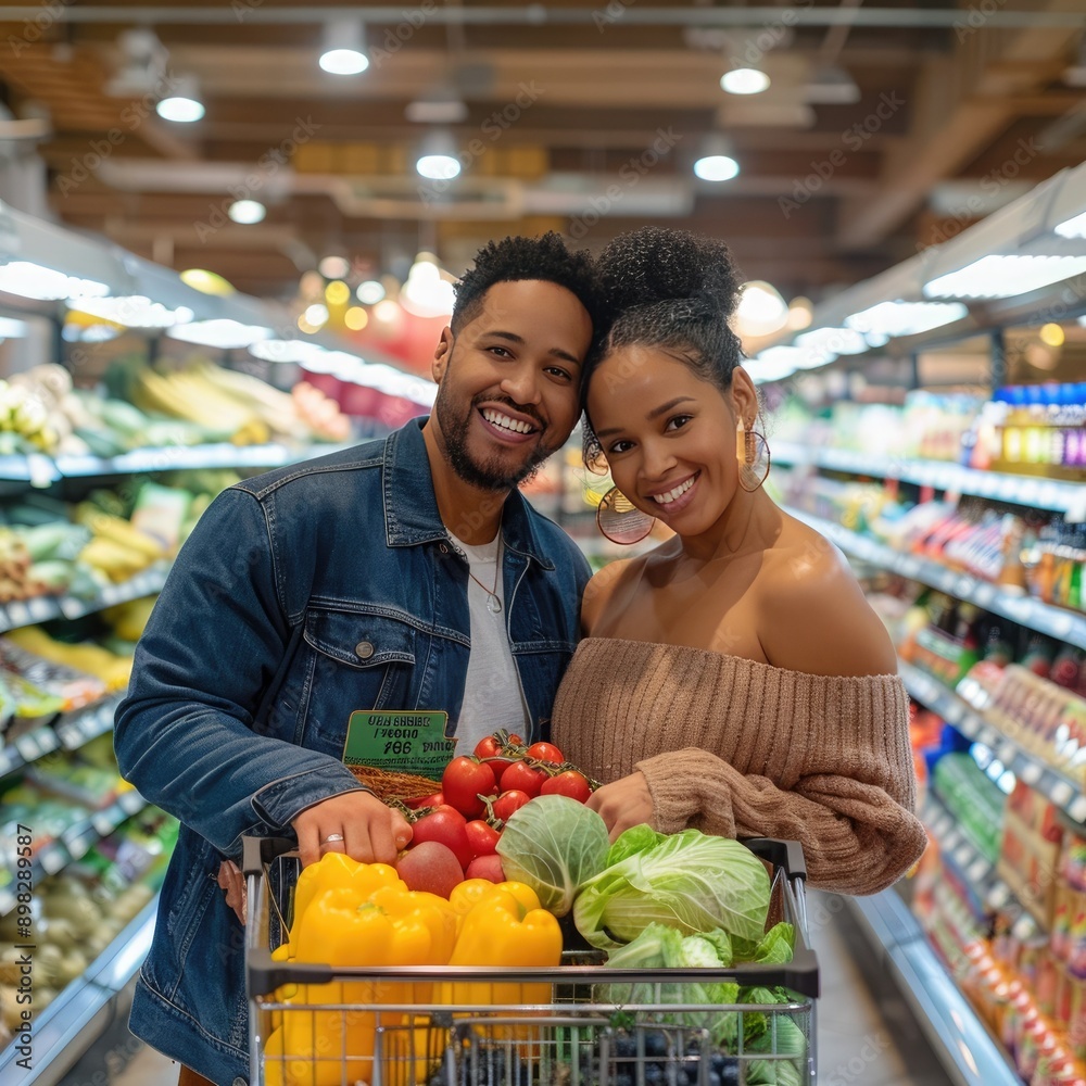 Poster a couple with beaming smiles, posing next to their grocery-filled shopping cart in a supermarket and